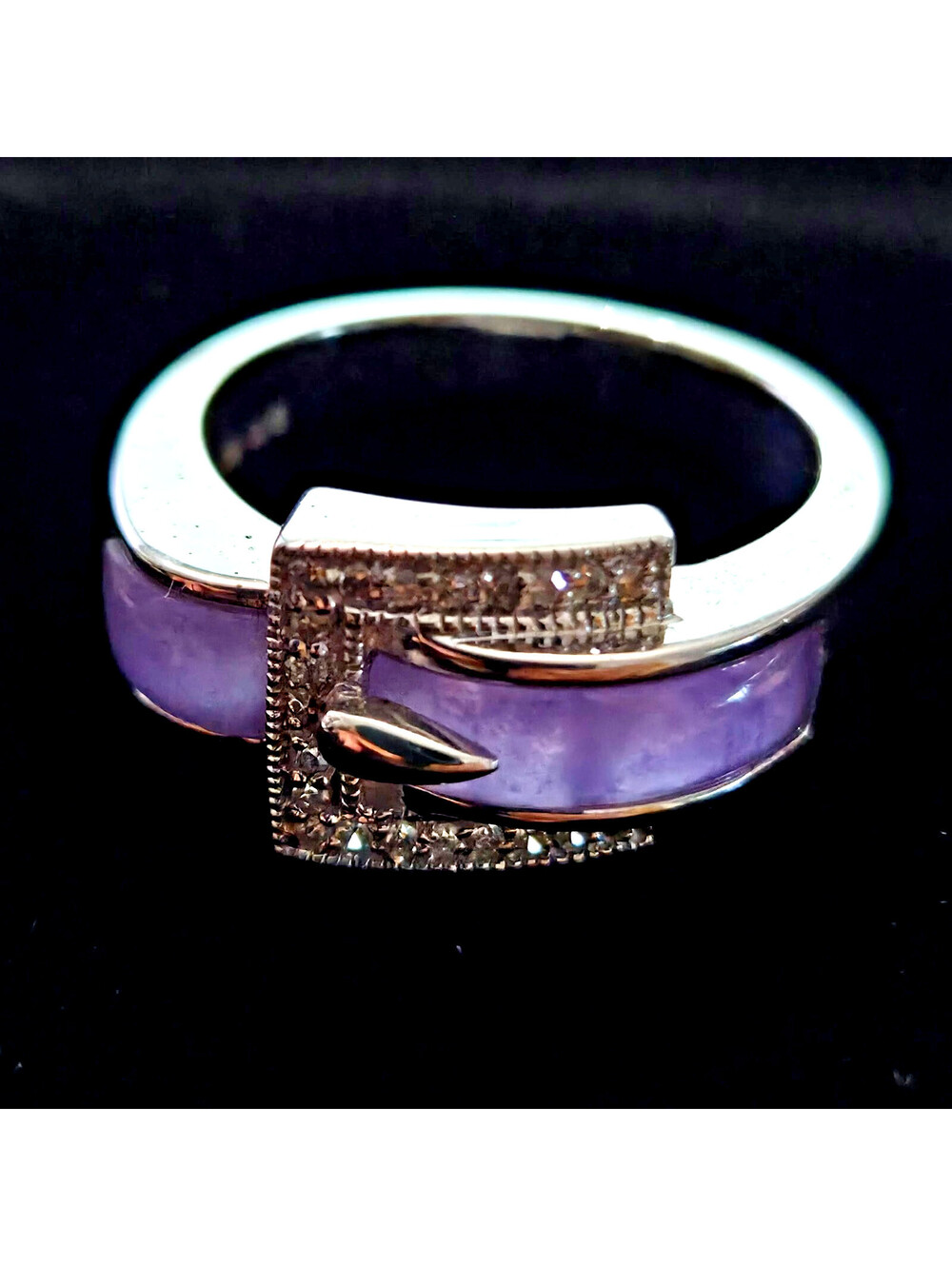 East Arts Sterling Lavender Jade Diamond Buckle Ring Size 8 QVC NOS 2005